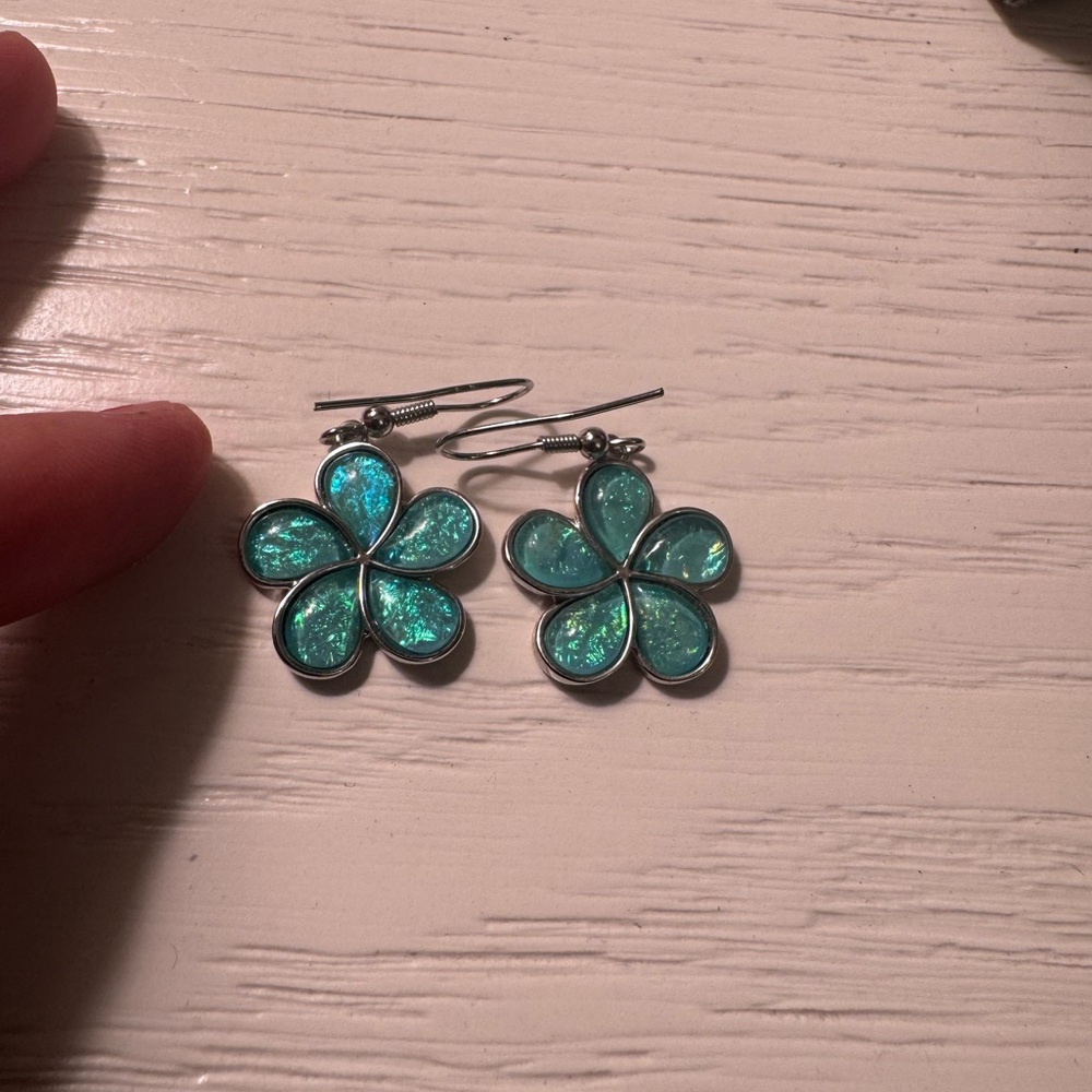 Hawaii Floral Silver and Blue Earrings